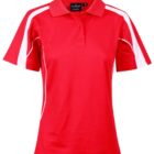Red polo shirt with a collar and short sleeves, featuring white stripe accents on the shoulders and sides.