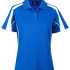 A blue polo shirt with short sleeves and white accents on the shoulders and sides. It features a buttoned collar, creating a sporty and casual look.