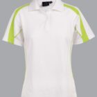 A white short-sleeve polo shirt with light green accents on the shoulders and sides, shown on a gray background. The shirt features a collar and a buttoned placket.