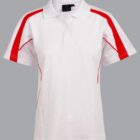 A white polo shirt with red stripes running over the shoulders and sides. It features a classic collar and short sleeves, set against a plain gray background.