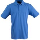 A plain blue polo shirt with a classic collar and three buttons on the front. The shirt has short sleeves and is made of cotton fabric. It is displayed against a white background.