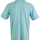 A light blue polo shirt shown from the back, featuring a classic collar and short sleeves against a plain white background.