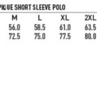 Size chart for mens cotton stretch pique short sleeve polo. Sizes range from S to 5XL. Half chest measurements: 53.5cm (S) to 71cm (5XL). Body length measurements: 70cm (S) to 87.5cm (5XL). Includes cotton stretch fabric icon.