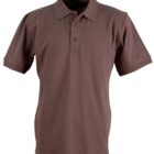 A brown short-sleeve polo shirt with a collar and three buttons on the front, displayed on a white background.
