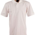 A plain white polo shirt with short sleeves and a collar is shown against a white background. The shirt features a three-button placket down the front.
