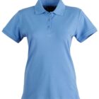 A blue short-sleeved polo shirt for women is displayed against a white background. The shirt features a classic collar and three buttons on the front.