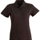 A dark brown short-sleeve polo shirt with a collar and three buttons. The shirt is plain, without any logos or patterns.