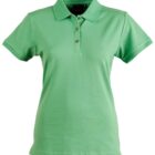 A plain green short-sleeve polo shirt with a collar and three buttons. The shirt is displayed against a white background.
