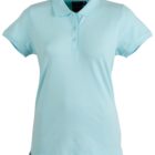 Light blue short-sleeve polo shirt with a classic collar and three-button placket, shown on a plain white background.