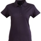 A plain black polo shirt with short sleeves and a three-button placket at the front, displayed against a white background.