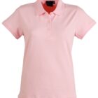 A light pink short-sleeve polo shirt with a collar and three buttons on the front. The shirt has a plain design and is displayed against a white background.