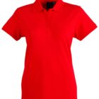 A bright red short-sleeved polo shirt with a collar and three buttons down the front, displayed against a plain white background.