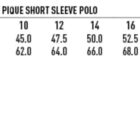 Size chart for PS56 Ladies Cotton Stretch Pique Short Sleeve Polo, showing sizes 8 to 22. Chart includes measurements for slim fit, half chest, and body length. An icon indicates the use of cotton stretch fabric.
