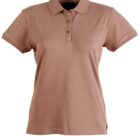 A plain brown short-sleeved polo shirt with a collar and three buttons at the front.
