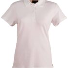 A plain white polo shirt with a collar and short sleeves is displayed against a white background. The shirt features a buttoned placket and a clean, simple design.