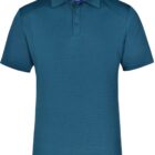 A short-sleeved, teal polo shirt with a collar and three buttons.