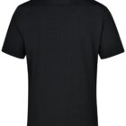 Back view of a plain black short-sleeve polo shirt with a flat collar. The shirt has no visible logos or designs, showcasing a simple and classic style.
