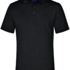 A plain black polo shirt with short sleeves and a collar. It has a three-button placket and appears to be made of a smooth fabric. The background is white.