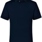 A plain black polo shirt with short sleeves and a collar, featuring a three-button placket at the neckline. The shirt is displayed against a white background.