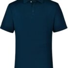 A dark blue polo shirt with a collar and three buttons.