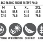 Size chart for mens bamboo charcoal eco fabric short sleeve polo. Sizes S to 5XL with half chest and body length measurements. Icons illustrate features: bamboo charcoal, moisture wicking, antibacterial, UV protection, quick dry, breathable, easy care, deodorized.