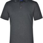 A plain dark gray polo shirt with a collar and three-button placket is displayed against a white background. The shirt is short-sleeved and made of a lightweight fabric.
