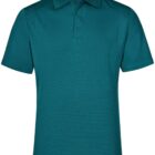 Teal polo shirt with a collar and three buttons. The material appears smooth and slightly shiny. The shirt is displayed against a plain white background.