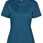 A teal short-sleeve polo shirt with a collar and three buttons down the front. The label inside the collar is purple with white text. The shirt is displayed against a white background.