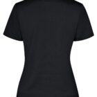 Back view of a black short-sleeve polo shirt with a collar. The shirt has a fitted design suitable for a womans silhouette. It features a simple, classic style and is set against a plain white background.