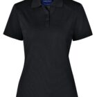 Black short-sleeve polo shirt with a collar and three buttons down the front. The shirt is displayed on a plain white background.