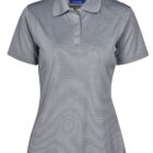 A grey womens short-sleeve polo shirt with a collar and three buttons down the front. The shirt has a fitted design and a logo tag inside the collar.
