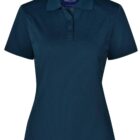 A dark blue short-sleeve polo shirt for women with a folded collar and three-button placket. The shirt features a tailored fit and a simple design.