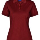 A plain burgundy polo shirt with short sleeves and a collar, featuring a three-button placket.