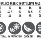 Size chart for a ladies bamboo charcoal eco fabric short sleeve polo. Includes sizes 8 to 24, listing half chest and body length measurements. Icons indicate features like bamboo charcoal, moisture wicking, anti-bacterial, UV protection, quick dry, breathable, easy care, and de-odorized.