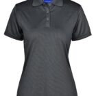 A dark gray short-sleeve polo shirt with a three-button placket is displayed. The shirt has a structured collar and a label inside the neck. The fabric appears smooth and slightly shiny.