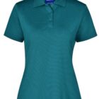 A teal, short-sleeve polo shirt with a collar and three buttons down the front. The shirt appears to have a fitted design.
