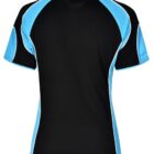 Black sports shirt with blue and white accents on the sleeves and sides.