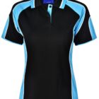 Black polo shirt with blue and white shoulder accents on a white background.