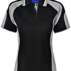 Black and gray polo shirt with short sleeves and buttoned collar.