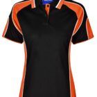 Black and orange polo shirt with white stripes on the sleeves and sides.