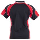 Back view of a black and red sports shirt with white piping.