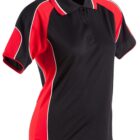 Black and red polo shirt with white accents on a plain background.