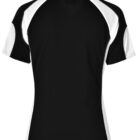 Black and white short-sleeve sports shirt, back view.