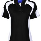 Black and white collared short-sleeve shirt with a blue inner tag.