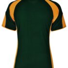 Green and yellow sports jersey with short sleeves, viewed from the back.