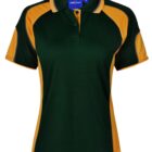 Green and yellow polo shirt with short sleeves, plain background.