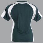 Dark green and white athletic shirt with short sleeves shown from the back.