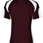 Maroon and white sports jersey, back view with short sleeves and contrasting panels.