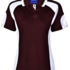 Maroon and white short-sleeve polo shirt with white side panels.