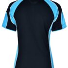 Back view of a black sports jersey with blue and white accents.